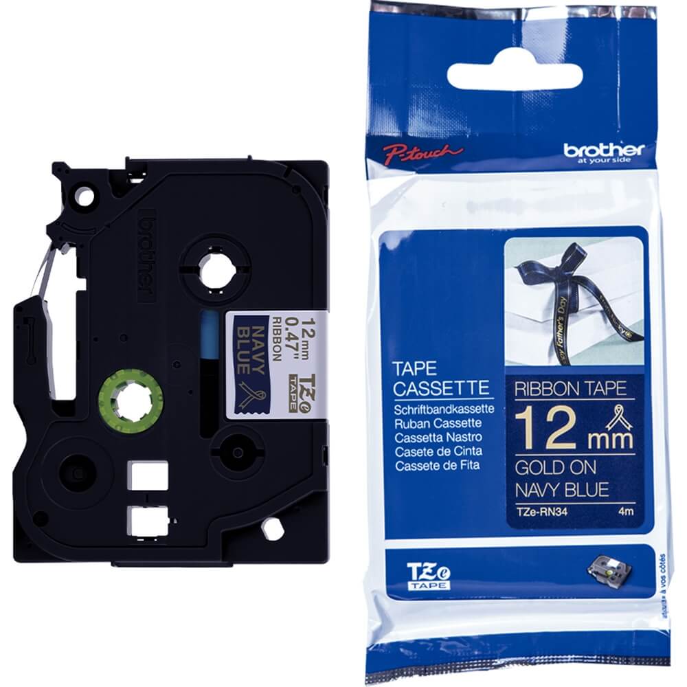 Fita Brother TZE-RN34 12mm Ouro sobre Cetim Azul Marinho - Impressorajato